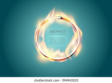 Turquoise Chrome Metal Burning Ring Circus Background. Round Flame Vector Frame. Golden Design Element. Spurts Of Fire. Circus Ring In Fire. Burning Frame.