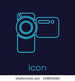 Turquoise Cinema camera line icon isolated on blue background. Video camera. Movie sign. Film projector. Vector Illustration