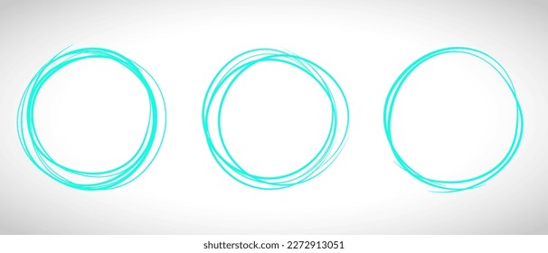 Turquoise circle line hand drawn set. Highlight hand drawing circle isolated on background. Round handwritten circle. For marking text, note, mark icon, number, marker pen and text check, vector