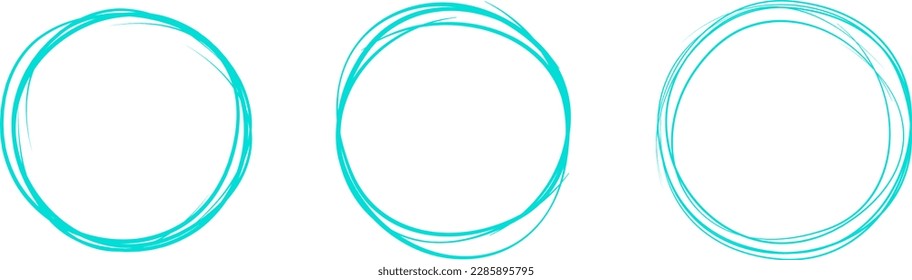 Turquoise circle line hand drawn set. Highlight hand drawing circle isolated on background. Round handwritten circle. For marking text, note, mark icon, number, marker pen and text check, vector
