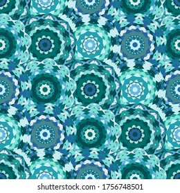 Turquoise circle mandala shapes seamless pattern vector graphic design. Textile print. Wrapping paper. Round mandala elements seampess pattern.