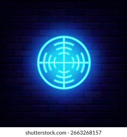 Turquesa círculo alvo radar neon emblema. Sonar do exército e objetivo do esporte. Conceito comercial. Ilustração de estoque vetorial