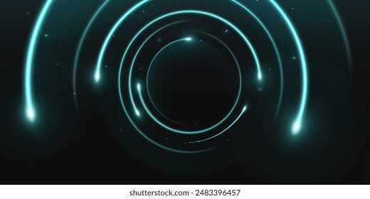 Turquoise circles glowing on black background. Vector realistic illustration of neon light swirls and shimmering particles shining in darkness, futuristic space portal design, magic energy effect