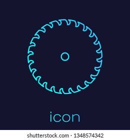 Turquoise Circular saw blade line icon isolated on blue background. Saw wheel. Vector Illustration