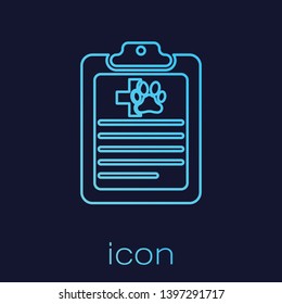 Turquoise Clipboard with medical clinical record pet line icon isolated on blue background. Health insurance form. Medical check marks report. Vector Illustration