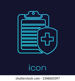 Turquoise Clipboard with medical insurance line icon isolated on blue background. Patient protection. Clipboard and shield with a cross as a symbol insurance. Vector Illustration