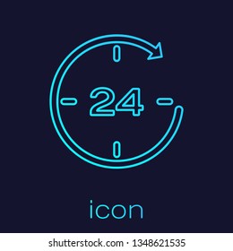 Turquoise Clock 24 hours line icon isolated on blue background. All day cyclic icon. 24 hours service symbol. Vector Illustration