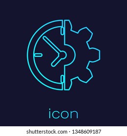 Turquoise Clock and gear line icon isolated on blue background. Time Management symbol. Business concept. Vector Illustration