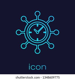 Turquoise Clock and gear line icon isolated on blue background. Time Management symbol. Business concept. Hub and spokes and clock solid icon. Vector Illustration