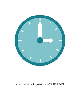 Turquoise clock. The third hour. Vector simple color flat illustration.