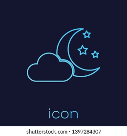 Turquoise Cloud with moon and stars line icon isolated on blue background. Cloudy night sign. Sleep dreams symbol. Night or bed time sign. Vector Illustration