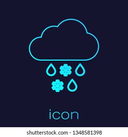 Turquoise Cloud with snow and rain line icon isolated on blue background. Weather icon. Vector Illustration
