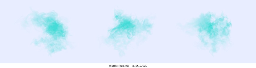 Nuvem turquesa de névoa nebulosa suave com efeito de nevoeiro disperso e vapor sobre fundo transparente. Textura de fumaça de vetor fácil para design em fundo branco.