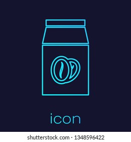 Turquoise Coffee beans in bag line icon isolated on blue background. Vector Illustration