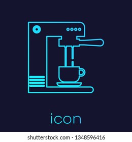 Turquoise Coffee machine and coffee cup line icon isolated on blue background. Vector Illustration
