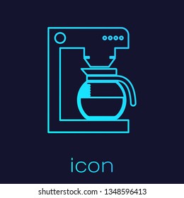 Turquoise Coffee machine with glass pot line icon isolated on blue background. Vector Illustration
