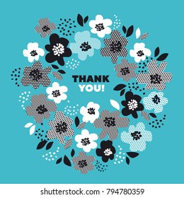 Turquoise color abstract floral pattern for surface design. Motif with stylized flowers for card, invitation, header, poster. Geometric black and white texture in floral design.