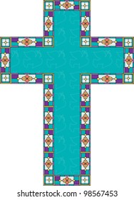 A turquoise color cross has outlines of peace doves and a stain glass border.