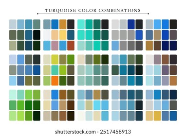 Turquoise color palette. Trend color palette guide template. Fit for fashion designers, business, and paints colors company. Match combinations. Vector graphics. Eps 10.