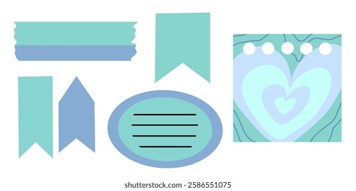 Turquoise color paper with adhesive tape and labels. Set of note sheet, sticky note, notebook page, tags, torn piece of paper. Templates for note message. Vector illustration. Isolated background.