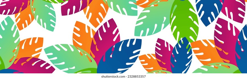 turquoise and colorful tropical leaves. Seamless graphic design with great palms. Fashion, interior, wrapping, packaging match. Realistic palm leaves.