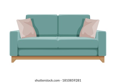 Turquoise Comfortable Sofa with Pillows, Cozy Domestic or Office Furniture, Modern Interior Design Flat Vector Illustration