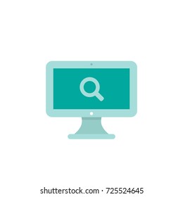 turquoise computer monitor with magnifier. isolated on white. Flat vector simple icon. Internet search symbol. Good for web and mobile design.  
