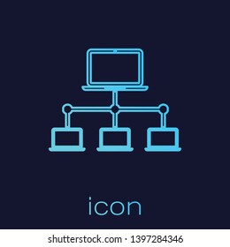 Turquoise Computer network line icon isolated on blue background. Laptop network. Internet connection. Vector Illustration