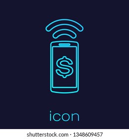 Turquoise Contactless payment line icon isolated on blue background. Mobile wallet technology, nfc, wireless payment with smartphone. Vector Illustration