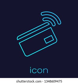 Turquoise Contactless payment with nfc card line icon isolated on blue background. Card with radio wave sign. Credit card payment. Vector Illustration