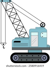 Turquoise crawler crane machine in minimal vector style. Side view of construction crane with lattice boom and hook isolated on white background.