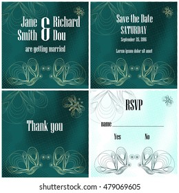 Turquoise creative wedding invitation set with rustic halftones and golden butterflies