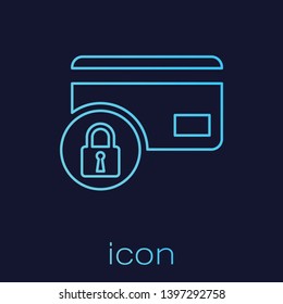 Turquoise Credit card with lock line icon isolated on blue background. Locked bank card. Security, safety, protection concept. Concept of a safe payment. Vector Illustration