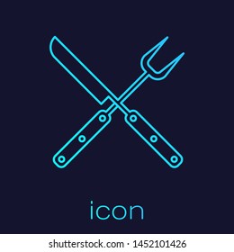 Turquoise Crossed knife and spatula line icon isolated on blue background. BBQ knife and spatula sign. Barbecue and grill tools. Vector Illustration