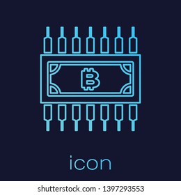 Turquoise Cryptocurrency concept bitcoin in circle with microchip circuit line icon isolated on blue background. Blockchain technology, digital money market. Vector Illustration