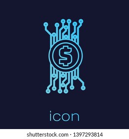 Turquoise Cryptocurrency concept bitcoin in circle with microchip circuit line icon isolated on blue background. Blockchain technology, digital money market. Vector Illustration