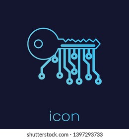 Turquoise Cryptocurrency key line icon isolated on blue background. Concept of cyber security or private key, digital key with technology interface. Vector Illustration