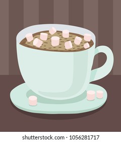 Turquoise cup with saucer, hot coffee or chocolate with a small marshmallow. Vector isolated illustration on a dark background