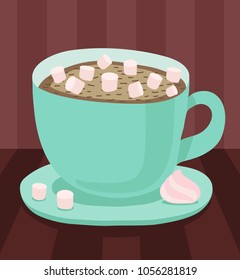 Turquoise cup with saucer, hot coffee or chocolate with a small marshmallow and meringue. Vector isolated illustration on a dark background
