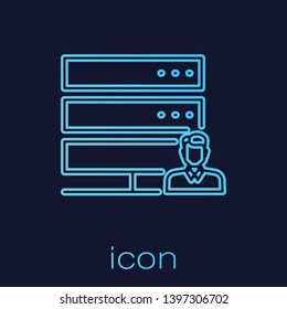 Turquoise Customer care server line icon isolated on blue background. Tech support concept with male operator. Call center sign. Vector Illustration