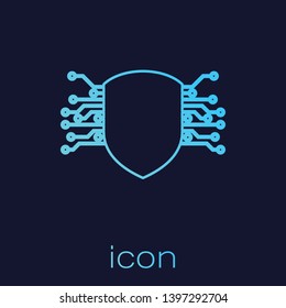 Turquoise Cyber security line icon isolated on blue background. Shield sign. Safety concept. Digital data protection. Vector Illustration