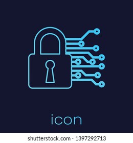 Turquoise Cyber security line icon isolated on blue background. Closed padlock on digital circuit board. Safety concept. Digital data protection. Vector Illustration