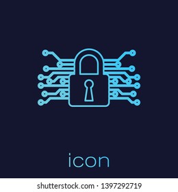 Turquoise Cyber security line icon isolated on blue background. Closed padlock on digital circuit board. Safety concept. Digital data protection. Vector Illustration