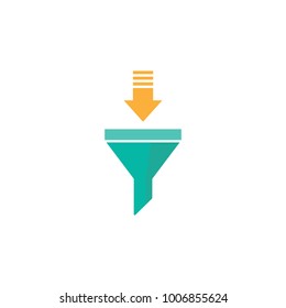 turquoise data filter with orange arrow. Flat data funnel icon. isolated on white background. Analytics info, tunnel information, flow exploration, vector illustration