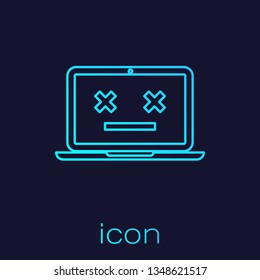 Turquoise Dead laptop line icon isolated on blue background. 404 error like laptop with dead emoji. Fatal error in pc system. Vector Illustration