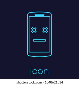 Turquoise Dead phone line icon isolated on blue background. Deceased digital device emoji symbol. Corpse smartphone showing facial emotion. Vector Illustration