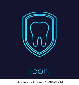 Turquoise Dental protection line icon isolated on blue background. Tooth on shield logo icon. Vector Illustration