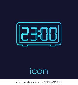 Turquoise Digital alarm clock line icon isolated on blue background. Electronic watch alarm clock. Time icon. Vector Illustration
