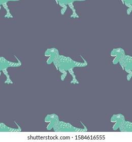 Turquoise dinosaur seamless pattern on grey. Adorable wild animal repeat ornaments. Colored vector illustration in flat cartoon style.