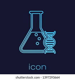 Turquoise DNA research, search line icon isolated on blue background. Genetic engineering, genetics testing, cloning, paternity testing. Vector Illustration